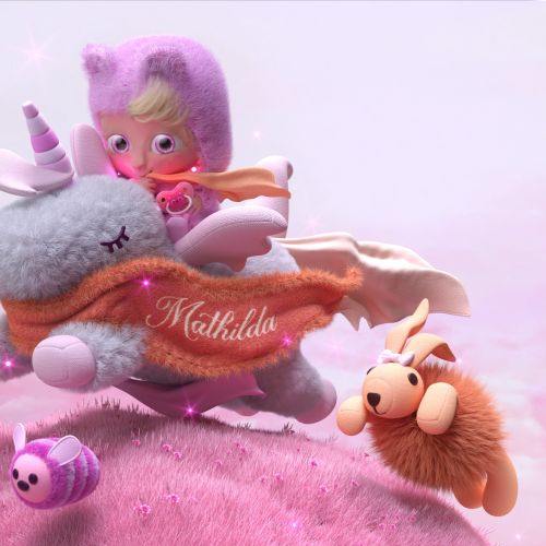 Whimsical flying creature with a girl and animals by Maurice Baltissen