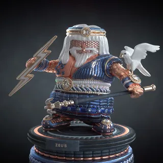 Stylized Zeus figurine holding lightning bolt and white dove by Maurice Baltissen