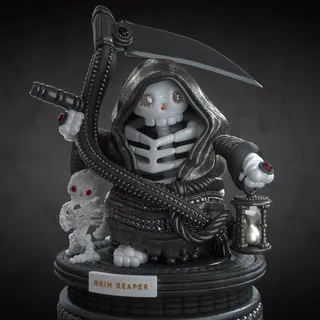 Grim Reaper skeleton figurine holding scythe and lantern by Maurice Baltissen