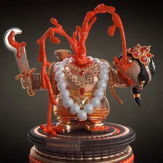 Chinnamasta statue with jewels and red liquid splashes by Maurice Baltissen