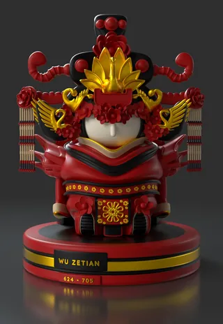 Stylized Wu Zetian figure sculpture with red and gold headdress by Maurice Baltissen