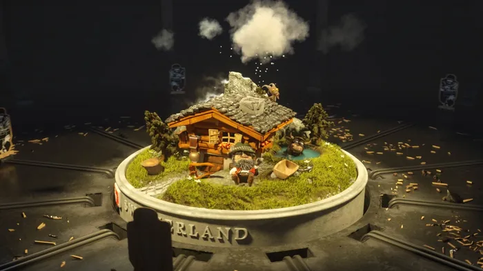 Miniature Alpine chalet model with trees and grass by Maurice Baltissen