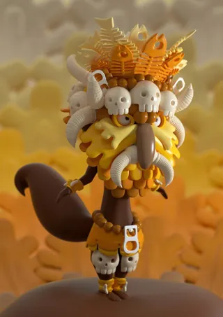 Fantasy creature wearing skull crown and orange feathers by Maurice Baltissen