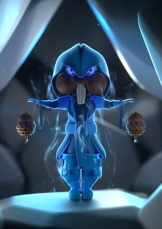Blue robed character with glowing purple eyes and floating orb lights by Maurice Baltissen
