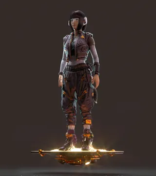 Futuristic woman standing on glowing hoverboard by Maurice Baltissen