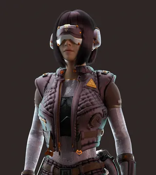 Futuristic woman in cyberpunk outfit with visor and headset by Maurice Baltissen