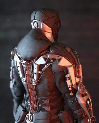 Back view of a futuristic cybernetic soldier in black armor by Maurice Baltissen
