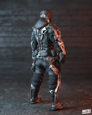 Futuristic soldier in armored suit with cybernetic limbs by Maurice Baltissen