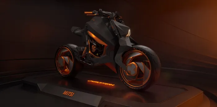 Futuristic black electric motorcycle on display with warm lighting by Maurice Baltissen