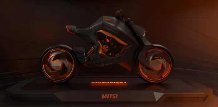 Futuristic motorcycle concept with glowing orange accents by Maurice Baltissen