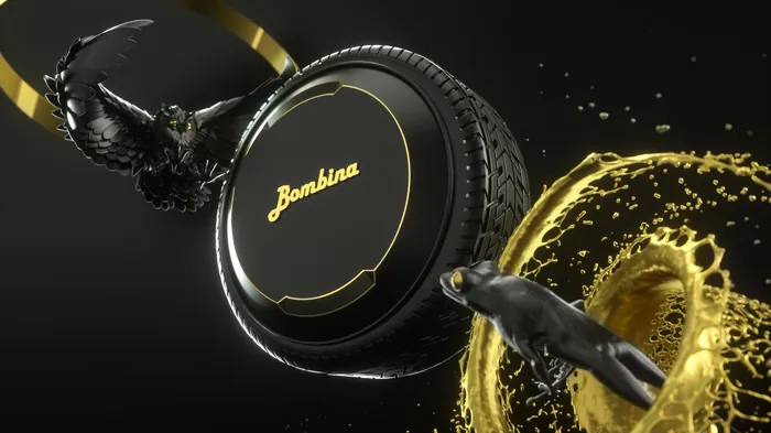 Black Bombina wheel with gold accents and flying black birds by Maurice Baltissen