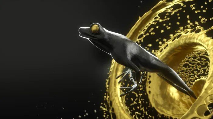 Black frog swimming near a golden ring by Maurice Baltissen
