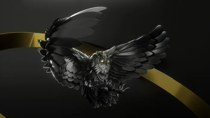 Black mechanical owl with spread wings flying, artwork by Maurice Baltissen
