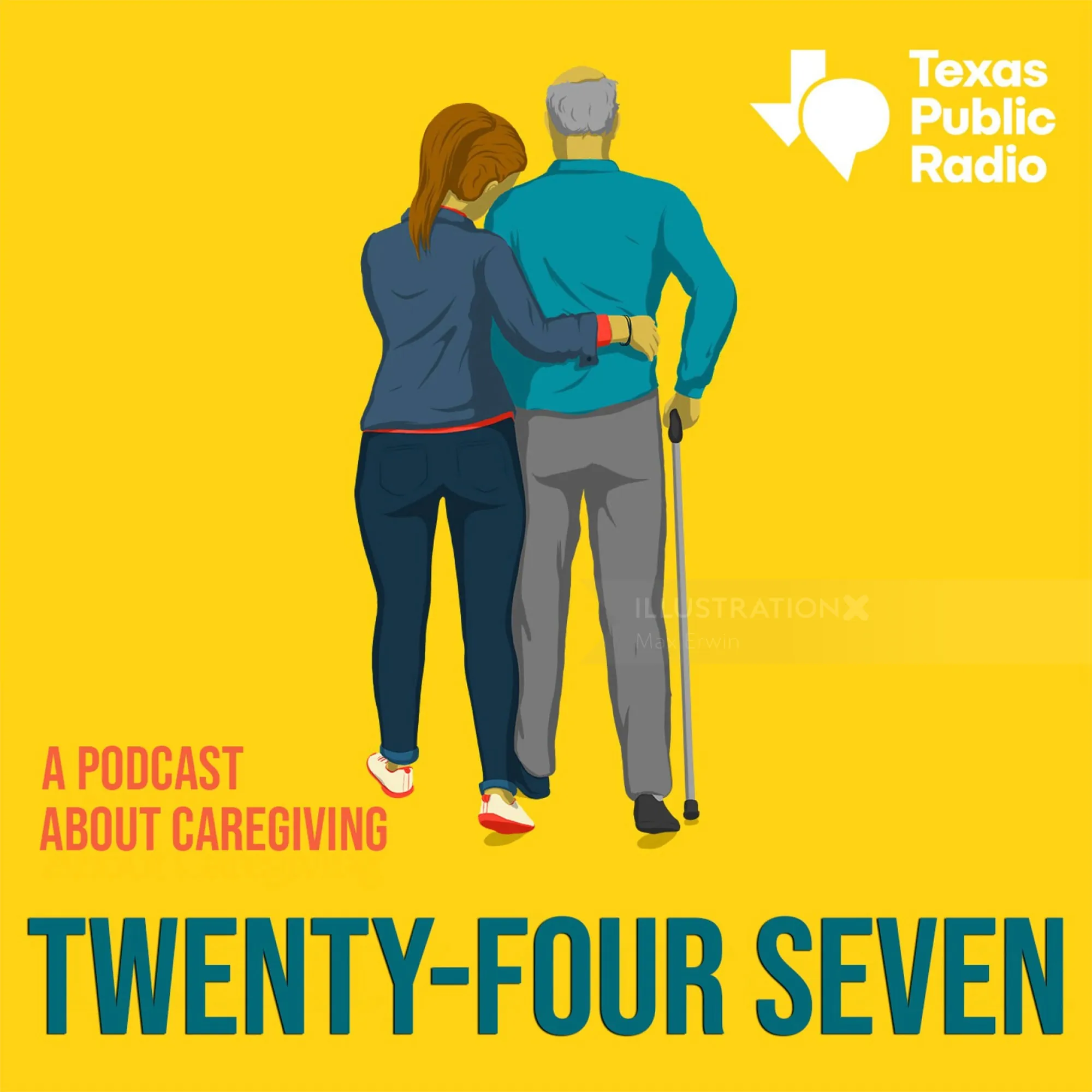 Person using a cane supported by another person, Texas Public Radio logo