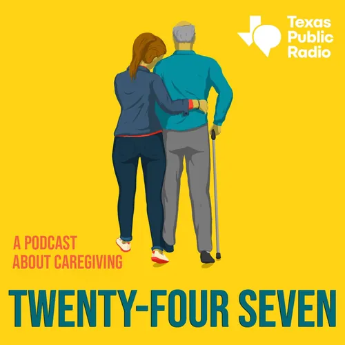 Person using a cane supported by another person, Texas Public Radio logo