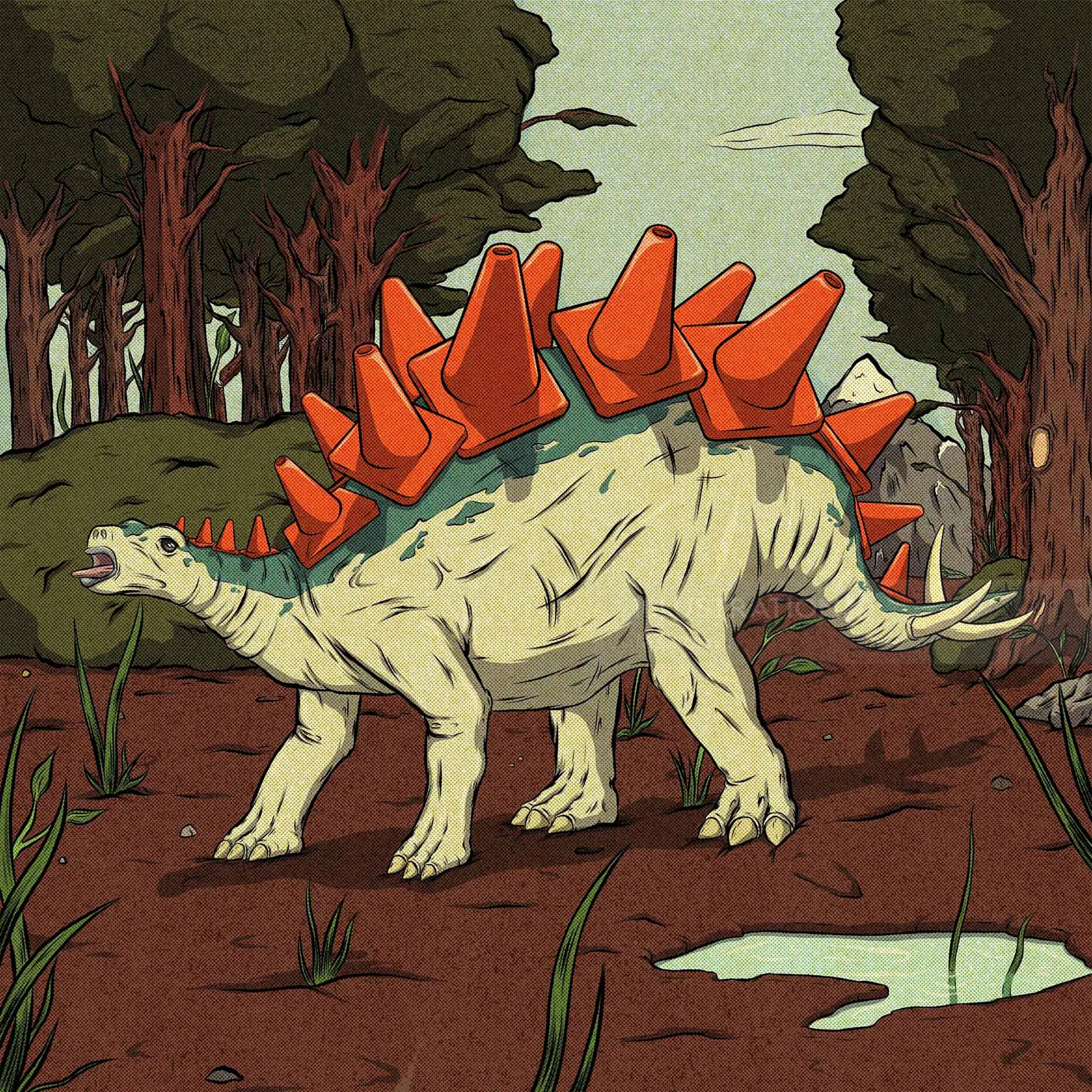 Caution Extinction dinosaur with bright orange spikes in forest by Max Erwin