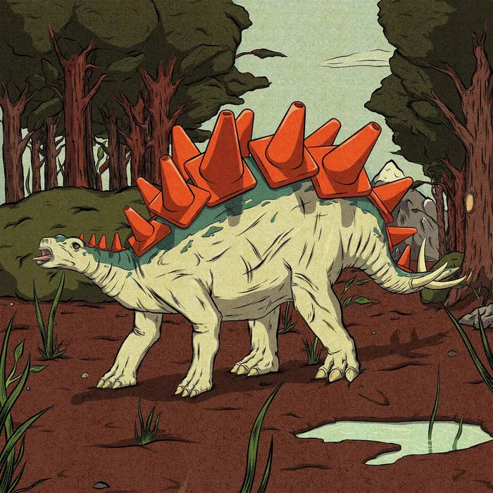 Caution Extinction dinosaur with bright orange spikes in forest by Max Erwin
