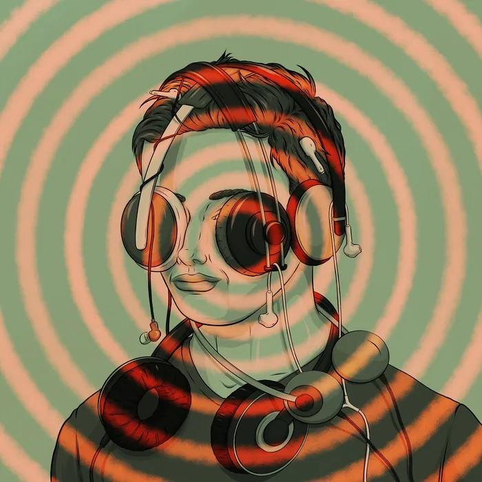 Person wearing multiple headphones with concentric circle background by Max Erwin