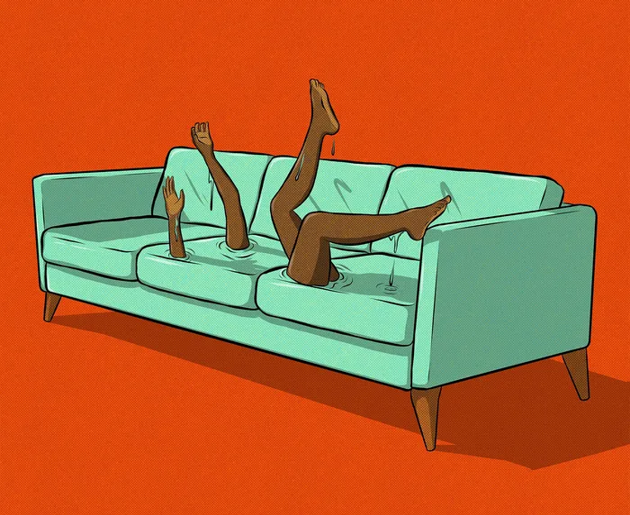 Illustration of person sinking into teal couch with arms and legs raised, by Max Erwin.