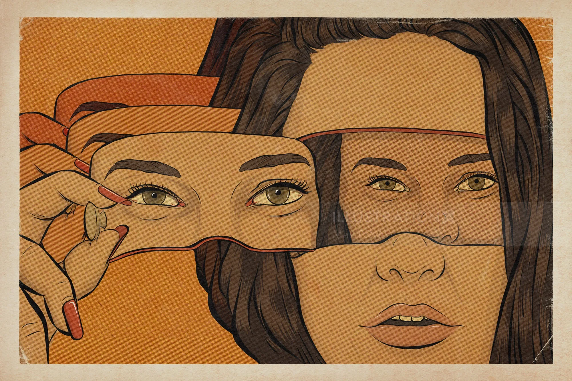 Surreal woman holding eye cut-outs over her face by Max Erwin.