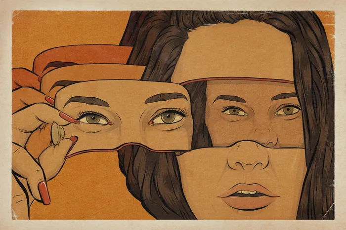 Surreal woman holding eye cut-outs over her face by Max Erwin.