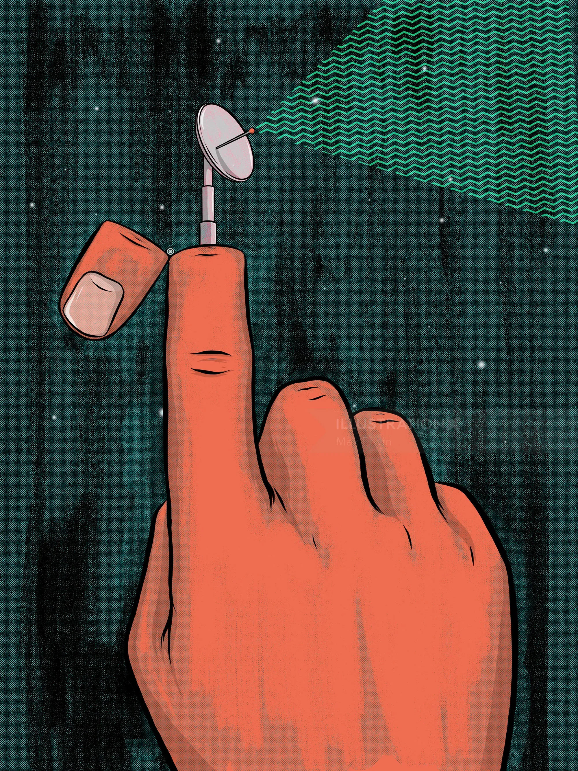 Hand with fingertip featuring a satellite dish by Max Erwin
