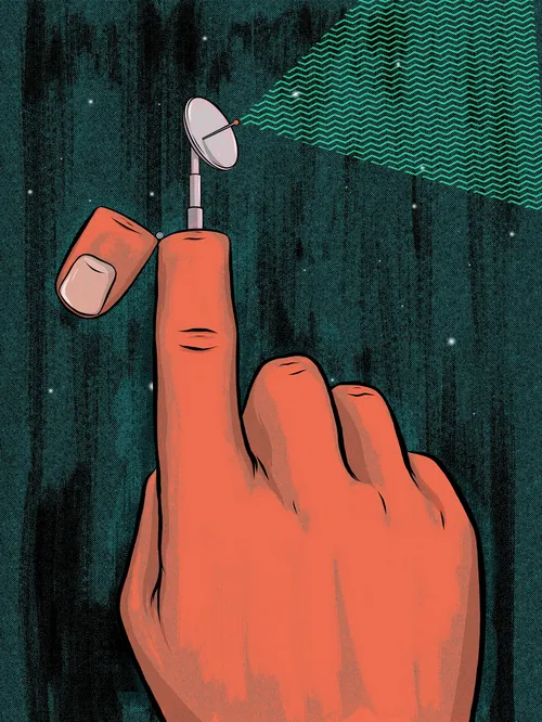 Hand with fingertip featuring a satellite dish by Max Erwin