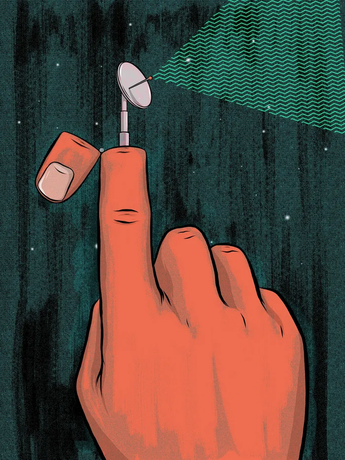 Hand with fingertip featuring a satellite dish by Max Erwin