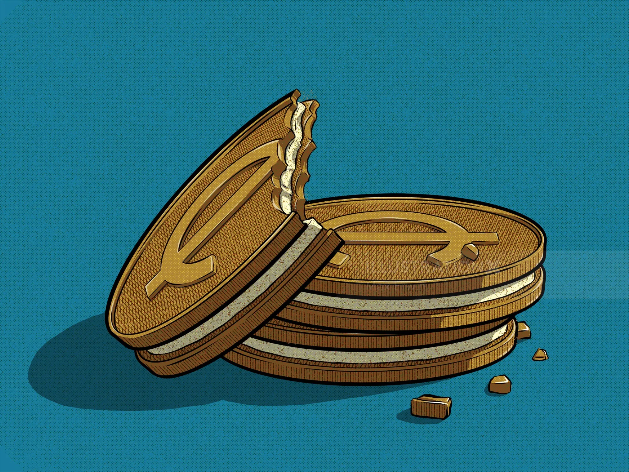 Stacked cream sandwich cookies with a bite and crumbs by Max Erwin