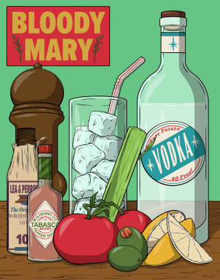 Obra de arte representando os ingredientes do Bloody Mary