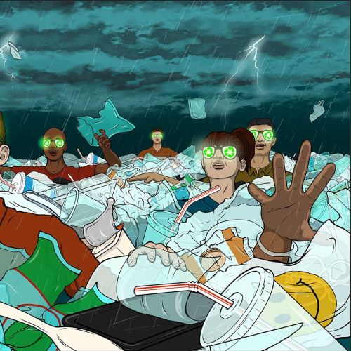 Group of people with glowing glasses surrounded by plastic trash and lightning.
