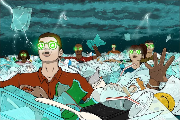 Group of people with glowing glasses surrounded by plastic trash and lightning.