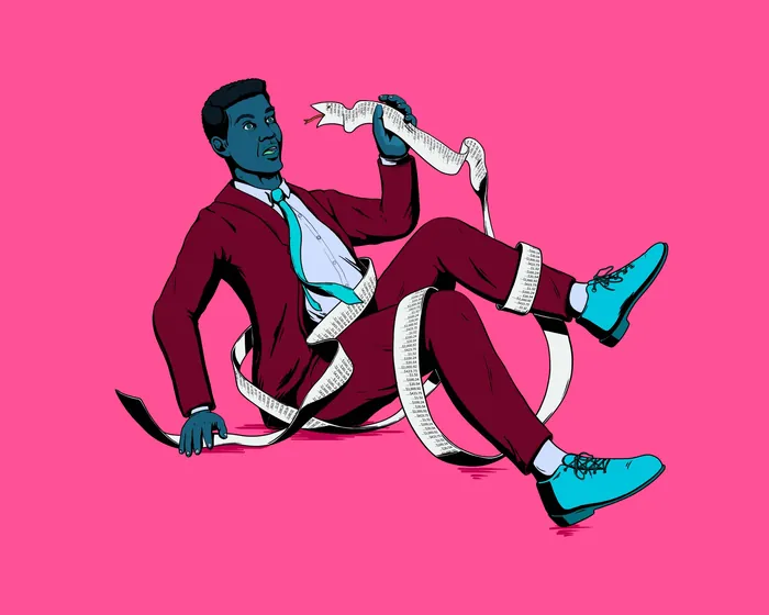 Man in red suit tangled in a long white receipt against pink background