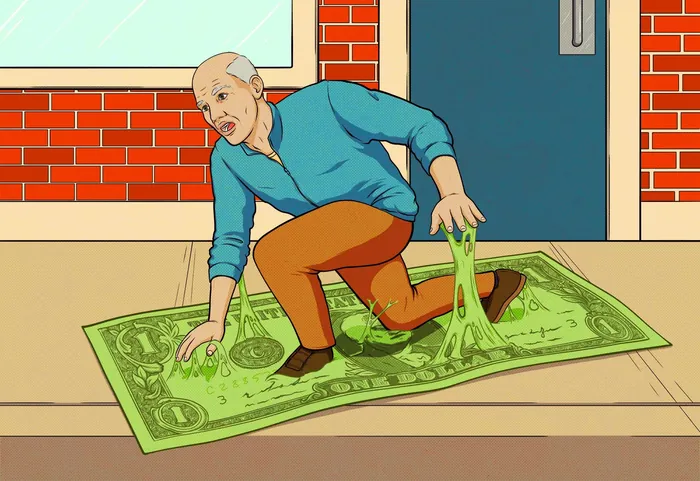 Man trapped on melting dollar bill street art by Max Erwin