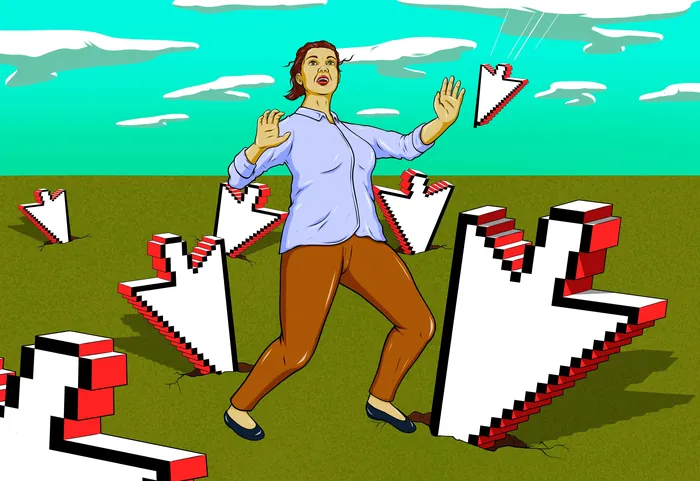 Person surrounded by large pixelated mouse cursors on a green field