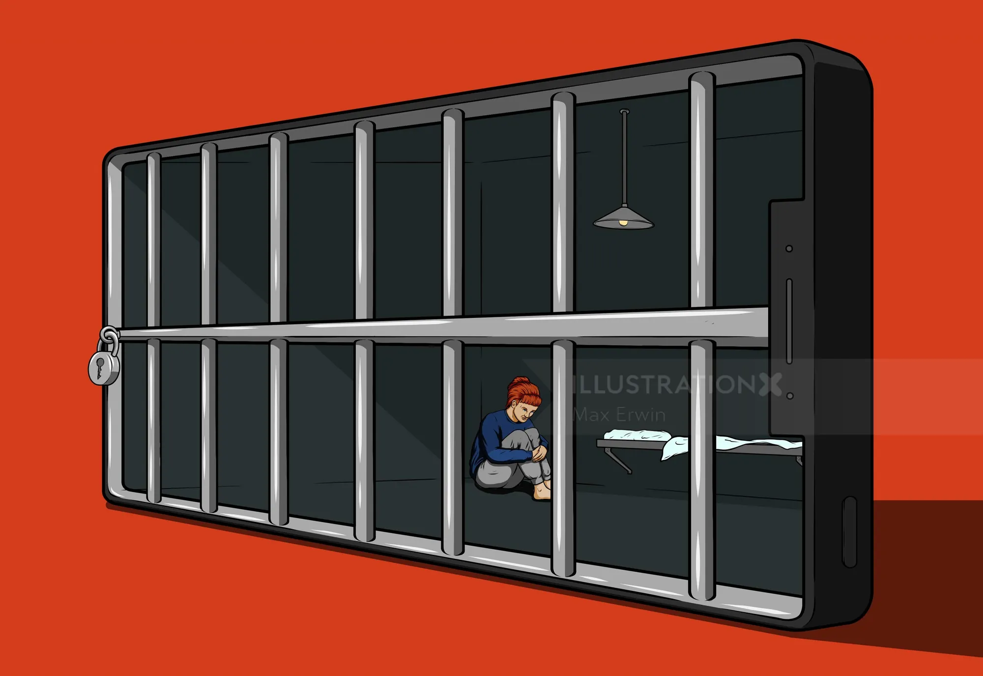 Person confined inside smartphone bars symbolizing digital imprisonment