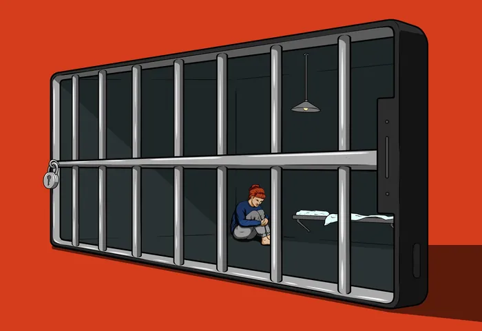 Person confined inside smartphone bars symbolizing digital imprisonment
