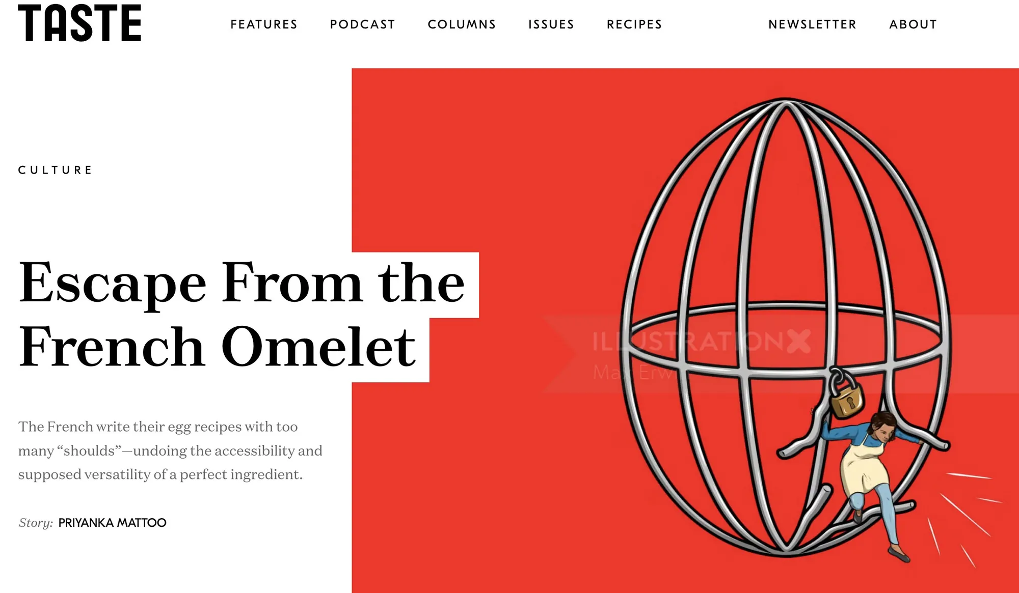 Illustration of person inside a red cage shaped like an omelet whisk