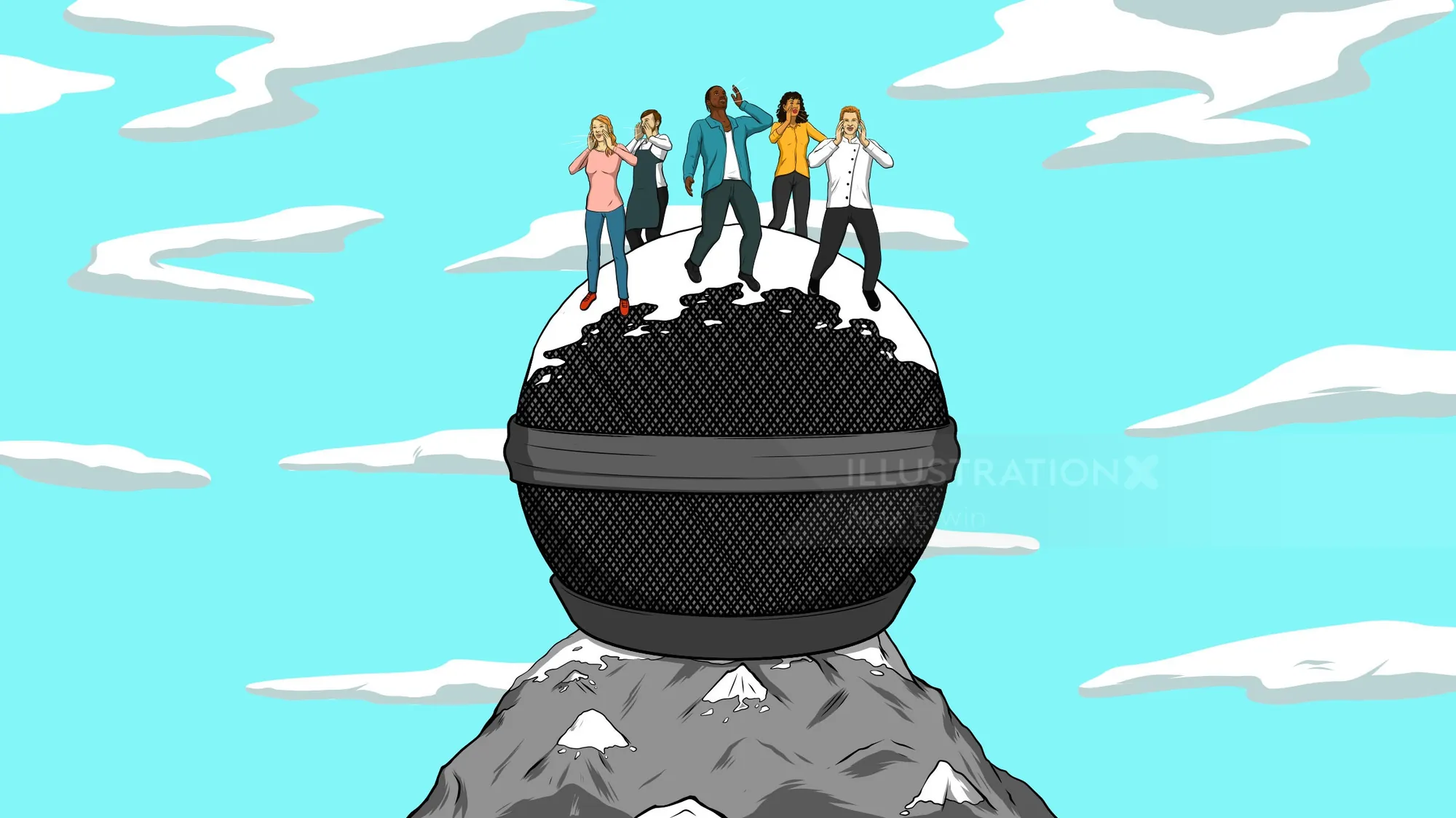 People standing on a giant microphone on a mountain peak under blue sky