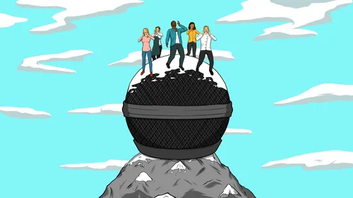 People standing on a giant microphone on a mountain peak under blue sky