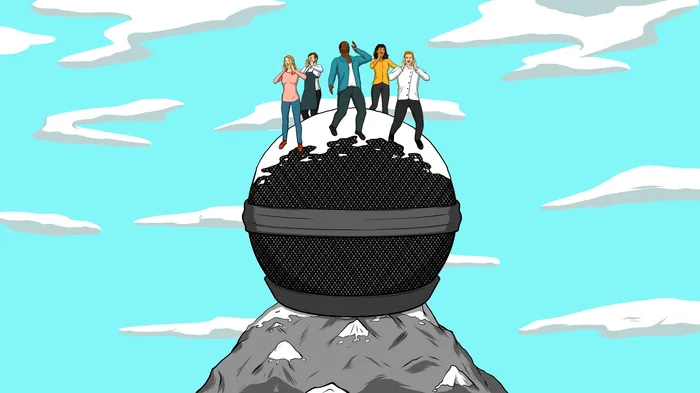 People standing on a giant microphone on a mountain peak under blue sky
