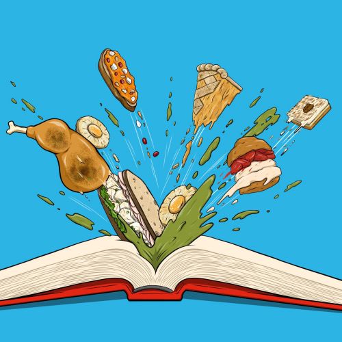 Open book with flying food items like chicken and vegetables