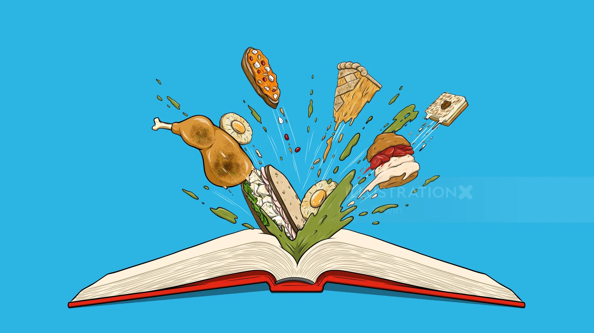 Open book with flying food items like chicken and vegetables