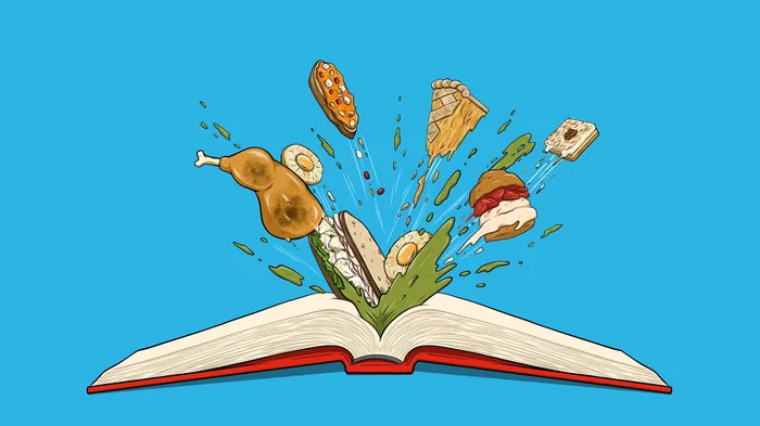 Open book with flying food items like chicken and vegetables