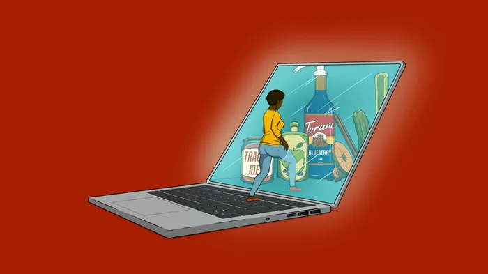 Person viewing products on a laptop screen against red background