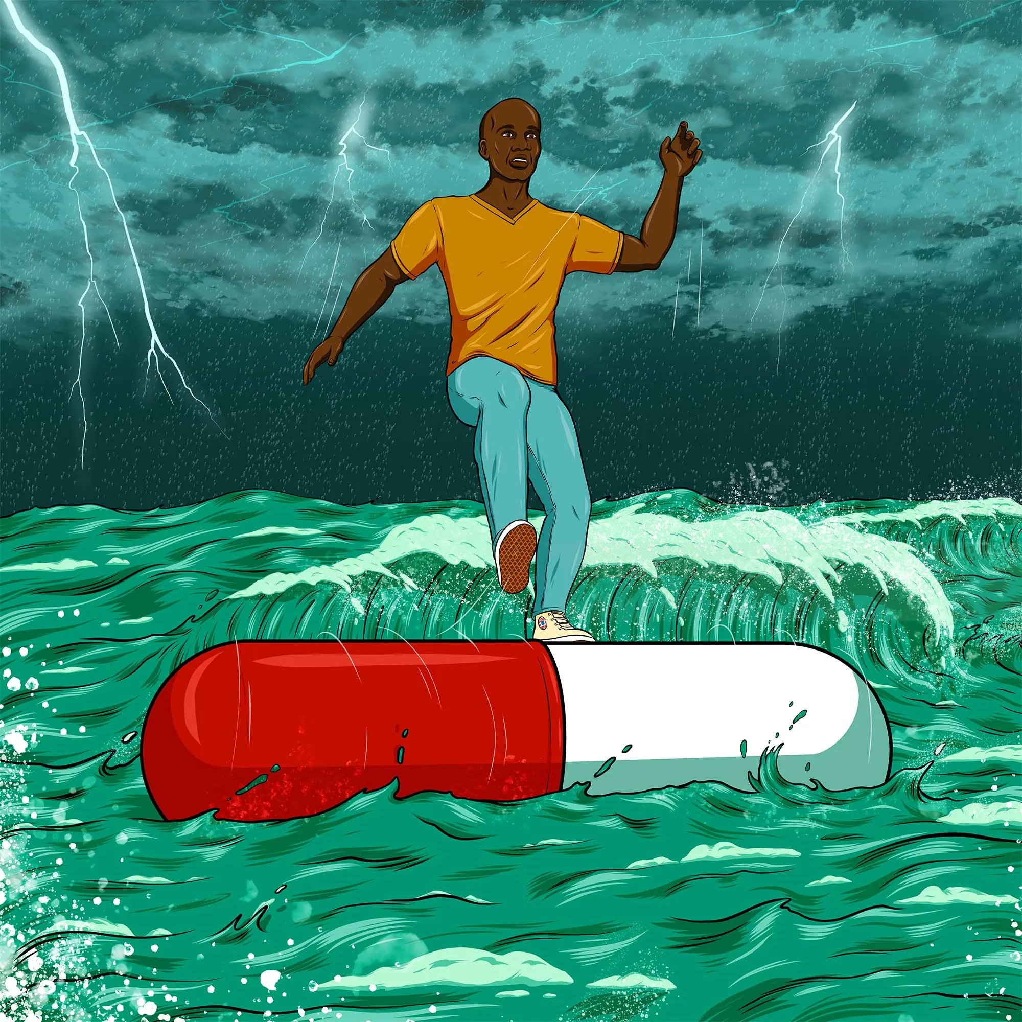 Man surfing on a giant pill in rough ocean with lightning