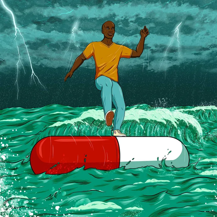 Man surfing on a giant pill in rough ocean with lightning