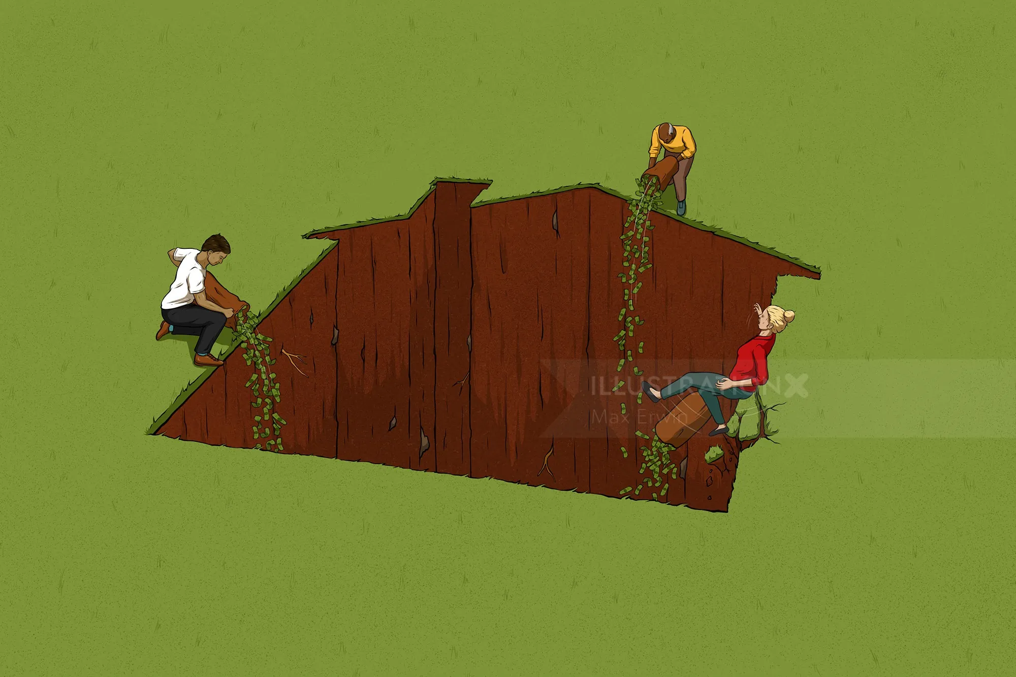 People climbing out of cracks in a large wooden house wall