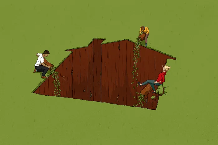 People climbing out of cracks in a large wooden house wall