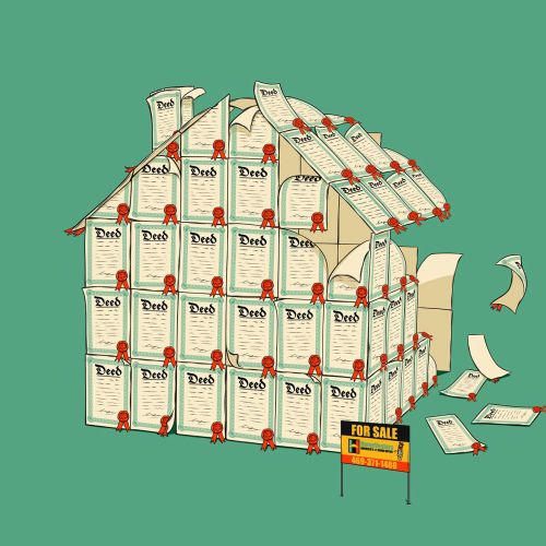 House made of stacked legal documents with a for sale sign